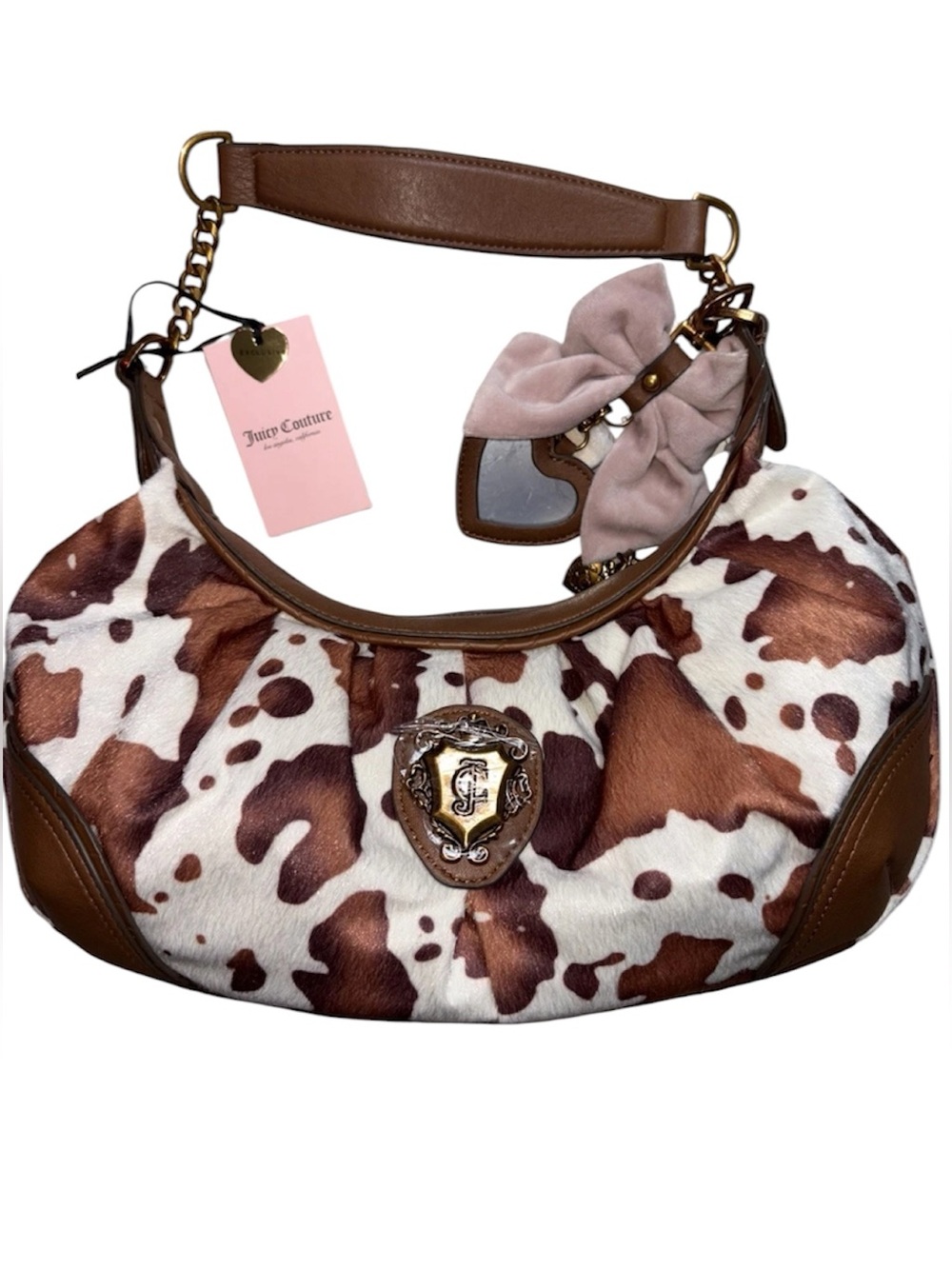 NWT Juicy Couture Brown & White Cowhide Shoulder Bag with Pink Bow Charm